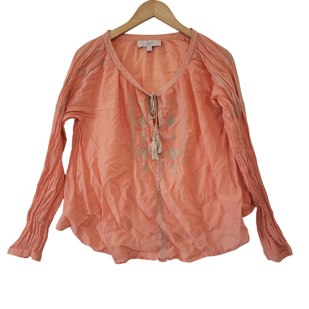 Loft Peasant Blouse Womens Large Coral Peach Embroidered Tassel Boho Cotton Top